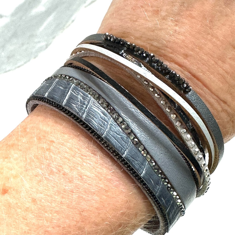 Leather multi strand magnetized cuff with beaded detail